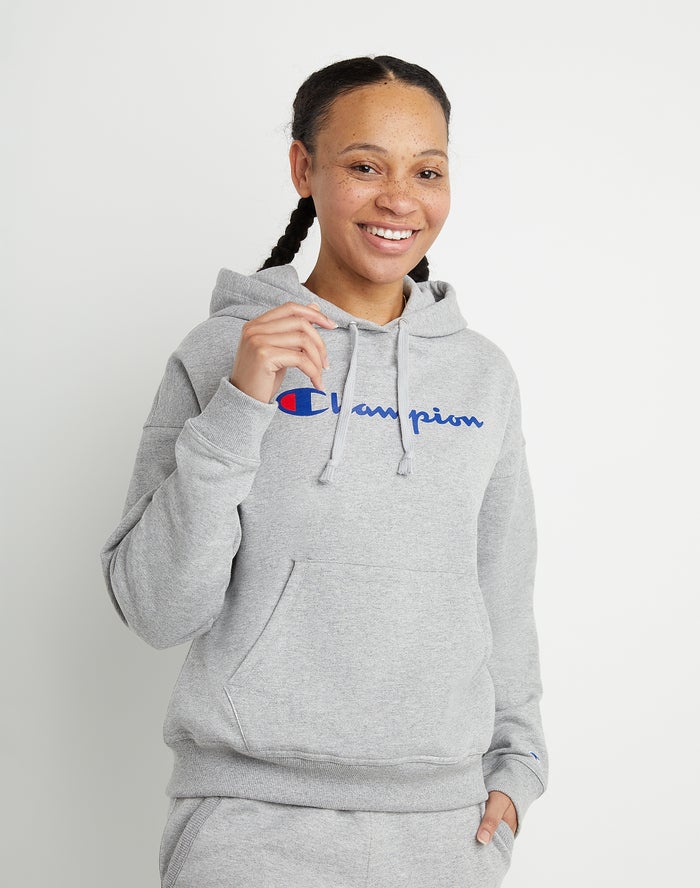 Hanorac Cu Gluga Champion Powerblend Fleece Relaxed Script Logo Dama Gri - Romania CZQXNHP-37